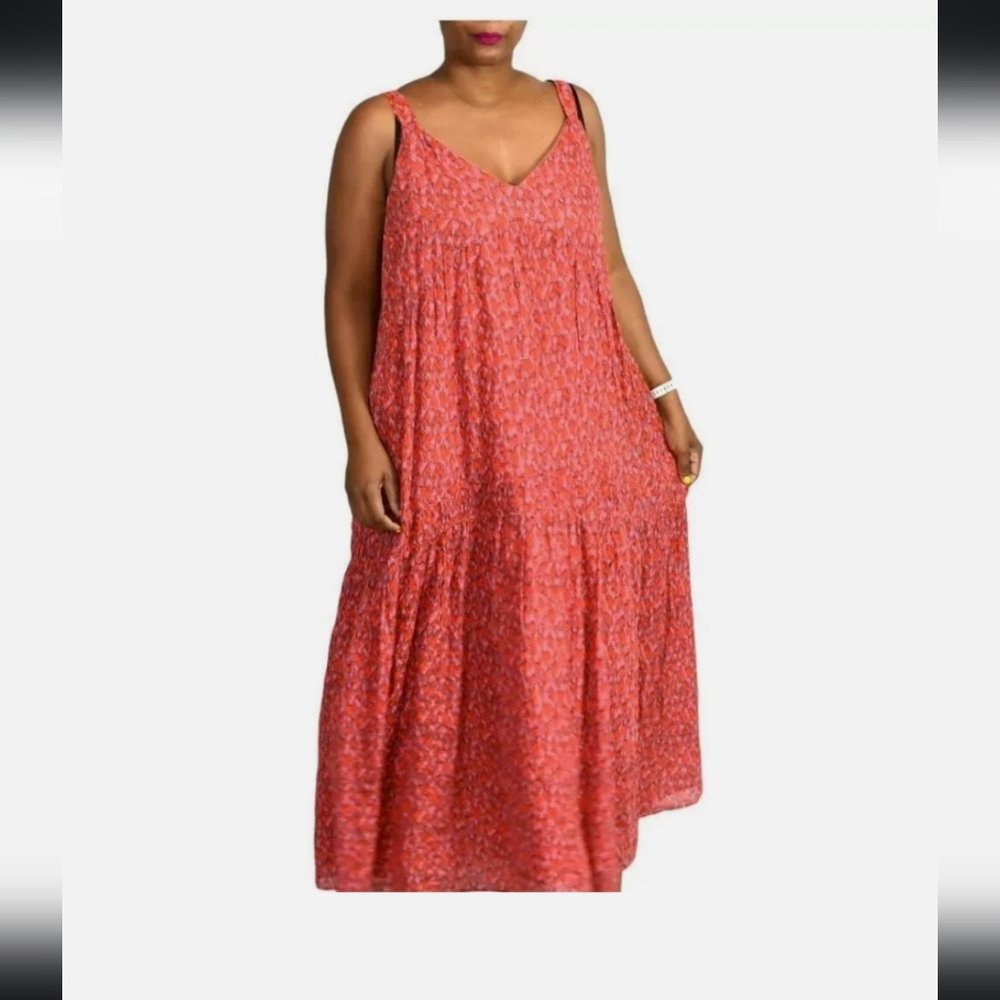 Anthropologie Joie Tea Rose Pink Sleeveless Ikat Tiered Ruffle Maxi Dress sz xxl - Picture 2 of 8